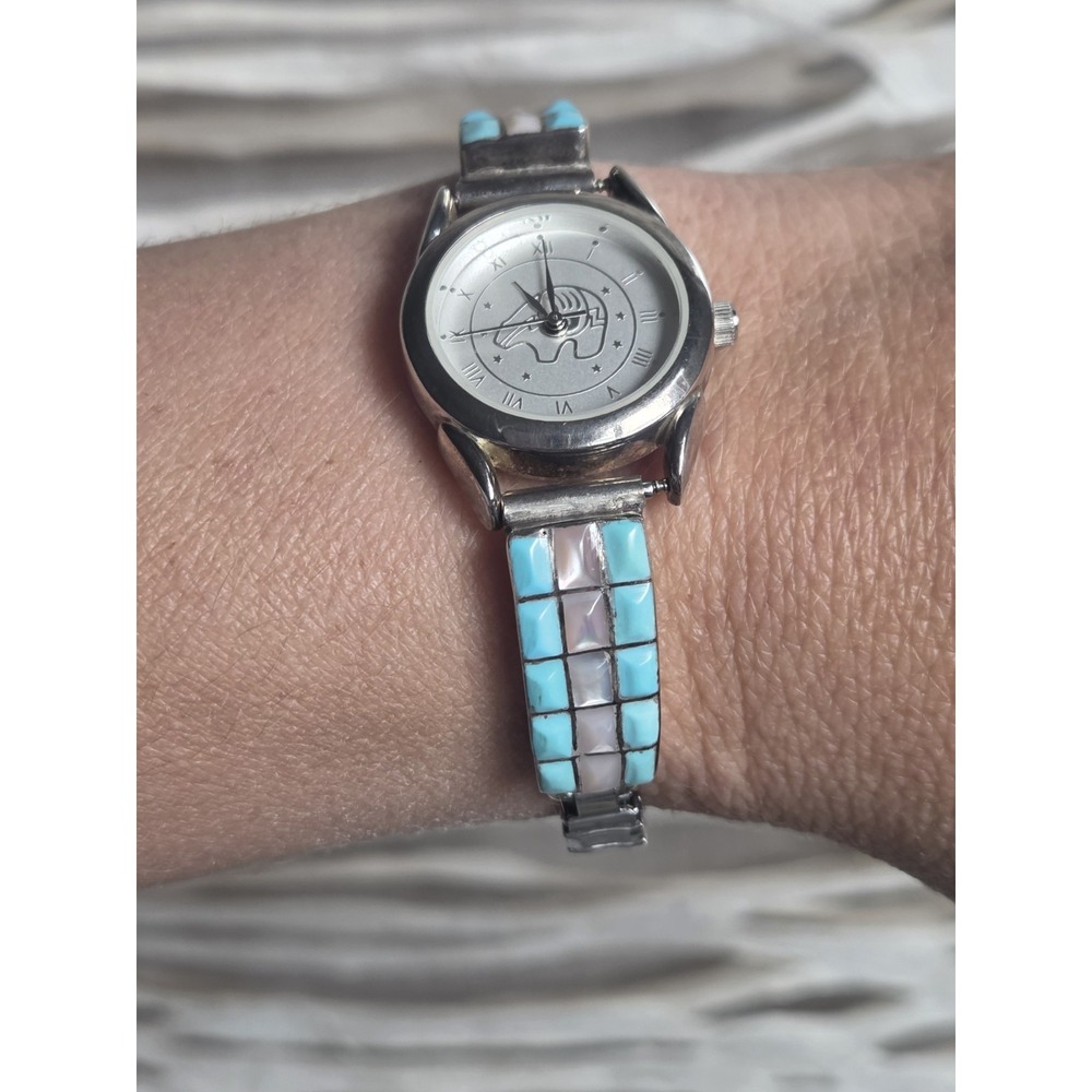 Vintage Navajo Turquoise And Mother Of Pearl Inlay  Sterling Watch Womens Works